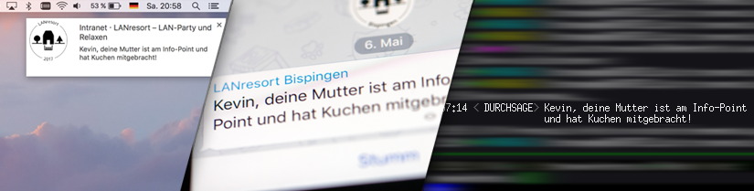 Screenshot von LANresort-Benachrichtigungen per Desktop-Notifications, Telegram und IRC